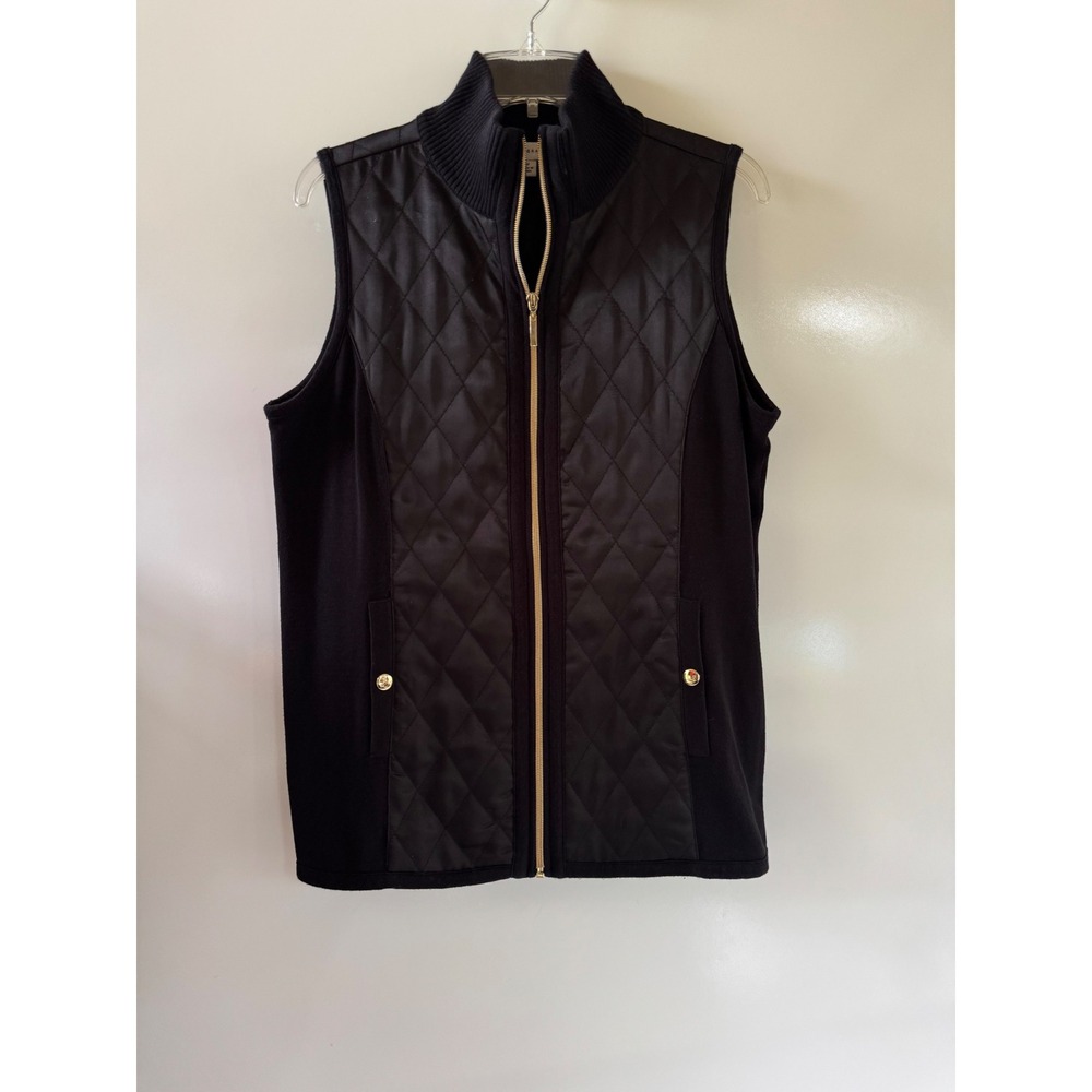 Susan Graver Womens Black Quilted Mixed Media Zip Up Vest Mock Neck Size M